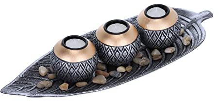 Relaxdays Teelichthalter, 3 Kerzenhalter, Blatt Tablett, Dekosteine, Tischdeko für Wohnzimmer, Kerzendeko, silber/gold