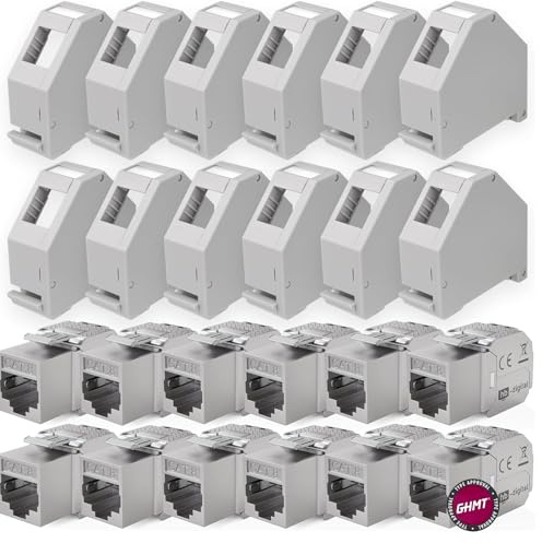 hb-digital Lot de 12 modules Keystone Cat.8.1 RJ45 + 12 adaptateurs de rail Keystone pour rail 35 mm standard | RJ35 Jack blindé Montage Ethernet LAN réseau STP LSA