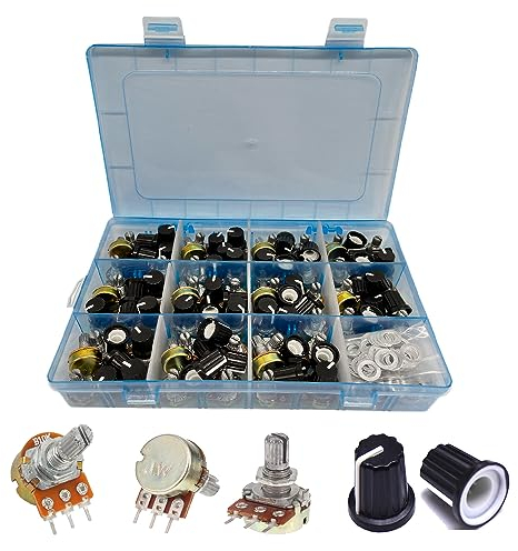 MOGAOPI 110Stück Potentiometer Kit Drehpotentiometer Mono Linear 11 Werte 500 1K 2K 5K 10K 20K 50K 100K 250K 500K 1M Ohm 3 Pin Terminals Potentiometer mit Hutmuttern und Unterlegscheibe
