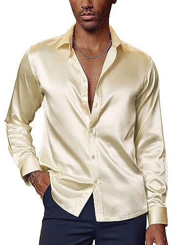 PaulJones Camisa de negocios para hombre, manga larga, sin planchado, satén, fiesta, boda, camisa con pajarita a juego, albaricoque, M
