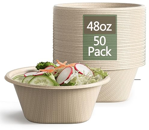 Homestockplus Large Disposable Bowl - Heavy Duty Paper Bowls - Made from Sugarcane and Bamboo Fiber, Microwave Safe - 48 Oz Paper Bowls for Soup, Salad, Ramen, Popcorn, etc.[50/Pack]