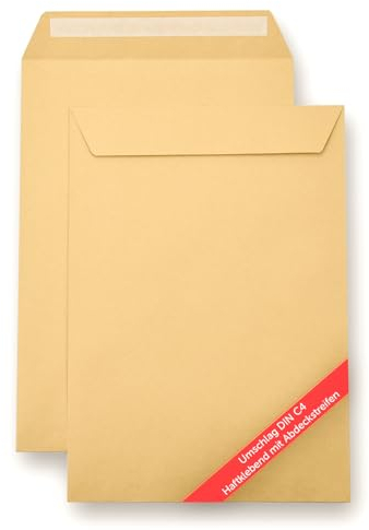Vivopack Versandtaschen DIN C4, große Briefumschläge ohne Fenster 229 x 324 mm, Kuvert Großkuvert Briefumschlag Fensterlos, Briefumschlag Haftklebung mit Schutzfolie Kuvert Großbrief A4 Braun