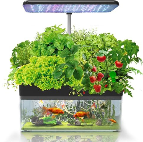 Aquaponic Fish Tank Herb Garden System - 12 Pods Indoor Kit with LED Light, Silent Water Pump, and Automatic Timer for 3 Growing Modes