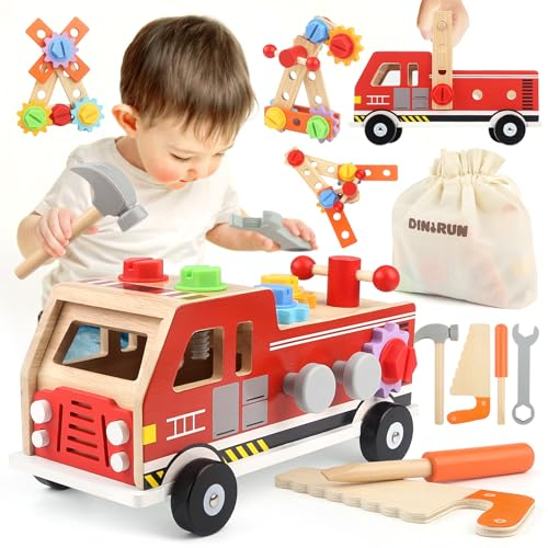 DINORUN Werkzeugkoffer Kinder, Kinderwerkzeug Holzspielzeug Montessori Spielzeug ab 2 3 4 Jahre Kinderspielzeug Werkzeugkasten Kinder Geschenk Junge Mädchen 2 3 4 Jahre (47 Stück)