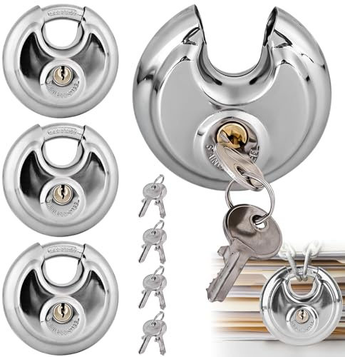 BAIFULAI Lot de 4 cadenas ronds de 70 mm avec 8 clés - Cadenas rond avec manille en acier inoxydable - Serrure à disque ronde - Résistant aux intempéries - Serrure de sécurité