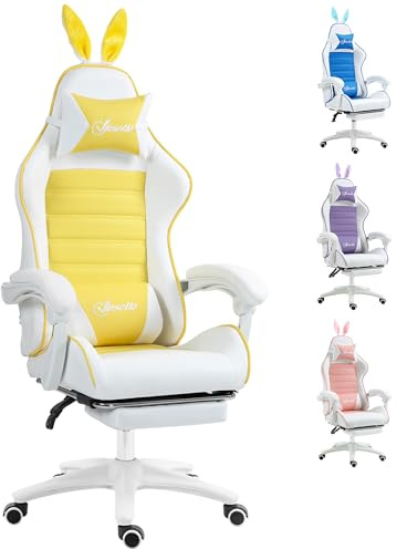 Vinsetto Reclining Racing Gaming Chair with Headrest and Lumber Support, PU Leather Computer Chair with Removable Rabbit Ears, Footrest, Yellow