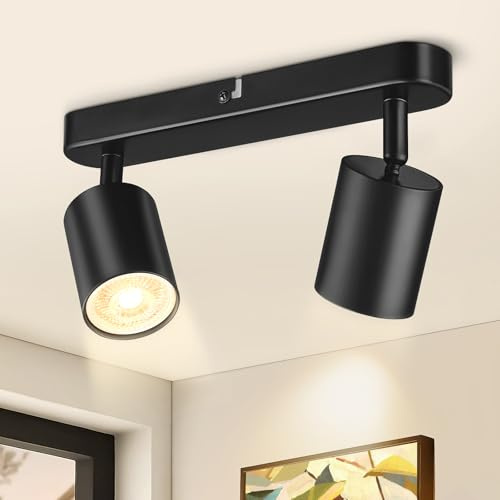 CandLuc Takstrålkastare, svängbar LED-taklampa, 2 GU10 takspotlights, svart takbelysning, modern taklampa för kök, vardagsrum, sovrum (utan glödlampa)