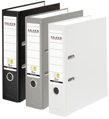 Original Falken 3er Pack PP-Color Ordner. Made in Germany. 8 cm breit DIN A4 farbig sortiert Schwarz-Grau-Weiß Vegan Kunststoff-Ordner Ringordner Aktenordner Briefordner Büroordner Plastikordner
