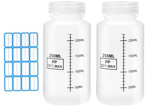 APOMOONS 2 stycken doseringsflaskor 250 ml, bred halsflaska, laboratorieflaska, transparent, förseglad, läckagesäker apoteksflaska med handskrivna klistermärken