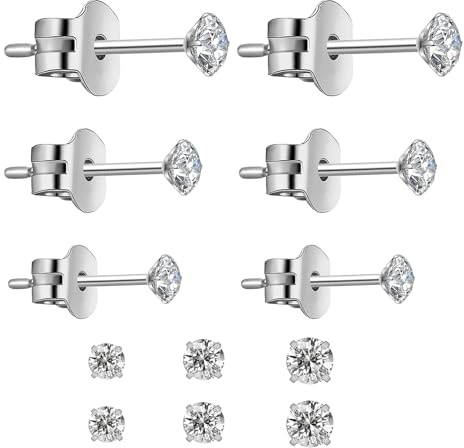 3 Pairs 925 Sterling Silver Studs Earrings for Women Studs, Cubic Zirconia Stud Earrings, For Mens Women Sensitive Ears