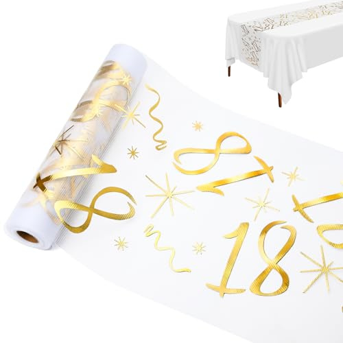 Chemin de table pour 18e anniversaire, décoration de table d'anniversaire, 28 cm x 10 m, rouleau doré, décoration de 18 ans, pour fille et garçon (18 ans)