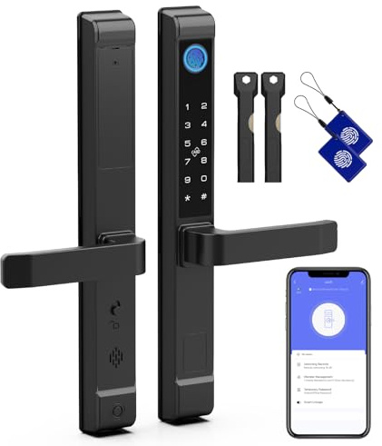 Anweller Smart Door Lock, Fingerprint Door Lock with Handle Keypad RFID Bluetooth App Key, Biometric Keyless Entry Smart Lock for Aluminum Wooden Front Door