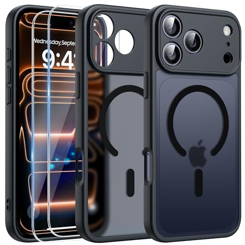 FLLAO 3 in 1 Magnetic Case for iPhone 17 Pro Max with 2X HD Screen Protector, Compatible with MagSafe, Slim Shockproof Military-Grade Drop Protection, Translucent Matte Hard Back Bumper Cover, Black