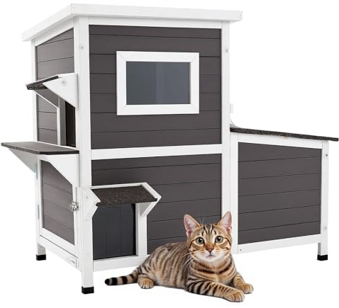 VEVOR Outdoor Cat House, 2-Story Wooden Cat Shelter for 3 Outside Cats in Winter, Elevated Feral Kitty Shelter with Stairs, Clear Window & Flap Doors, Waterproof Cats Condos for Garden 42 × 25 × 34 in