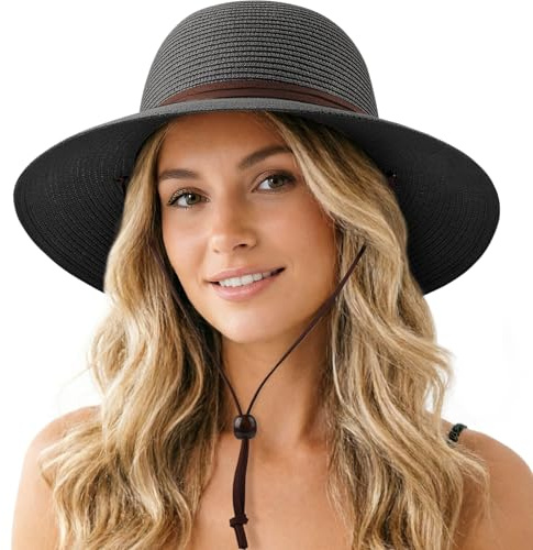 DRESHOW Femme Homme Chapeau de Paille Panama Unisexe Chapeau Été Large Bord Chapeau de Soleil Anti-UV Chapeau de Soleil