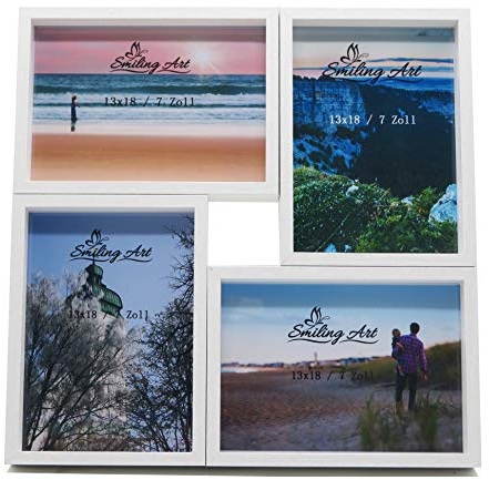 Smiling Art Cornice portafoto Collage per 4 Foto in legno MDF con vetro per appendere e stare in piedi (Bianco, 4 x 13 x 18 cm)