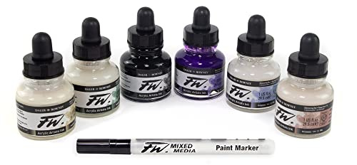 Daler Rowney FW, Set di inchiostri acrilici 6 flaconi da 29,5ml colori iridescenti e 1 marcatore