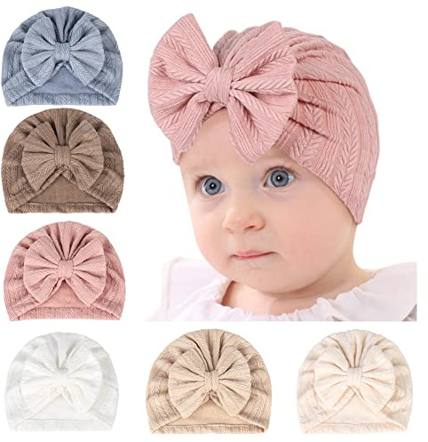 QandSweet 0-24 Months Newborn Girls' Hats Cotton and Linen Cap Infant Big Bow Hat Baby Shower (6 Pack)