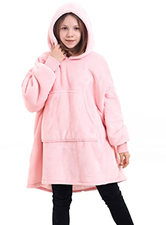 1ABOVE 75cm Oversized Sherpa Hoodie Ultra Soft Sherpa Hooded Super Soft Warm Comfortable Sweatshirt Fleece Warm Cosy Comfy Oversized Hoodie for Children Blanket with Sleeves and Pocket (LIGHT PINK)