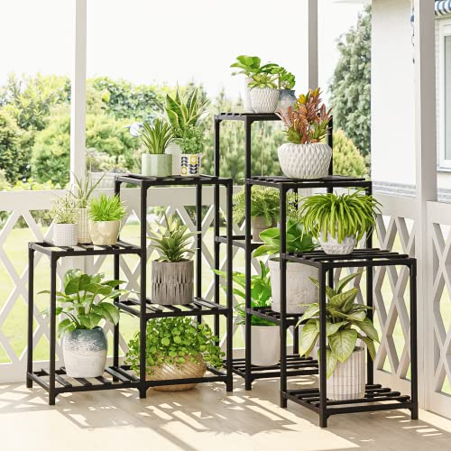 Bamworld Pflanzenständer für den Außenbereich, schwarz, Eckregal, 5 Ebenen, 11 Topfblumenregale, Holz, Garten, Holz, Pflanzenhalter, Regal für Wohnzimmer, Rasen, Fenster