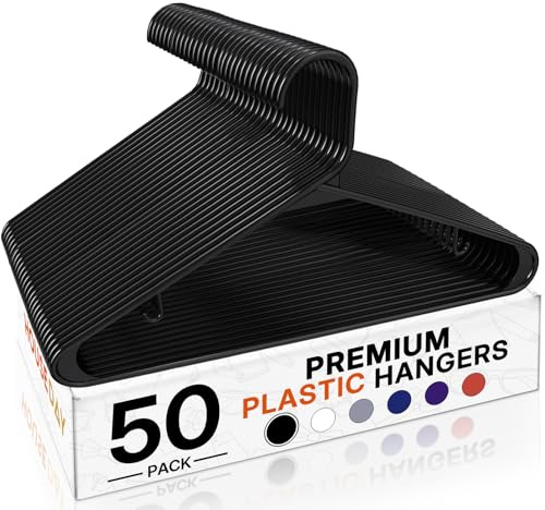 HOUSE DAY Black Plastic Hangers 50 Pack, Plastic Clothes Hangers with Built-in Hooks, Durable and Strong Plastic Coat Hangers for Closet, Space Saving Clothing Hanger for Shirts, Coats, Skirt, Dress