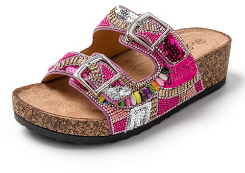 JOMIX Glitzer Sandalen Damen Sommer Kunstleder Clogs Bohemia Flach Strandsandalen Pantoletten Plateau Römersandalen (Rose, 37 EU, SD9182)