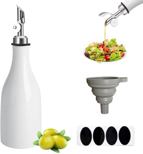 TOWEBOORY 300ML Olive Oil Dispenser Bottle, Opaque Oil Cruet with Spout and Funnel Bottle Dispenser to Reduce Oxidation Stoneware Bottle Dispenser for Storage Vinegar Soy Sauce Other Liquids (White)