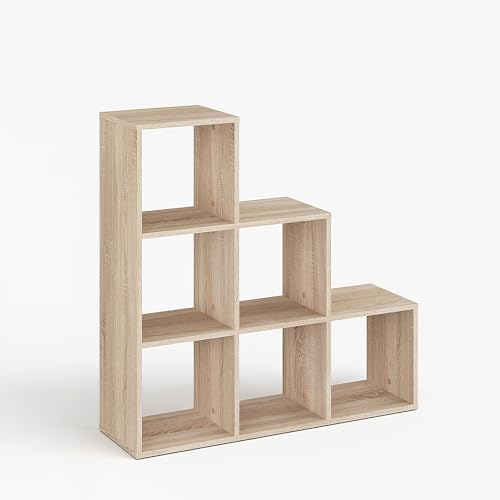 KOMTO Treppenregal Stufenregal - Raumteiler Regal Bücherregal mit 6 Fächern 30x30 cm Würfelregal | Bookshelf Sonoma Eiche Vexo