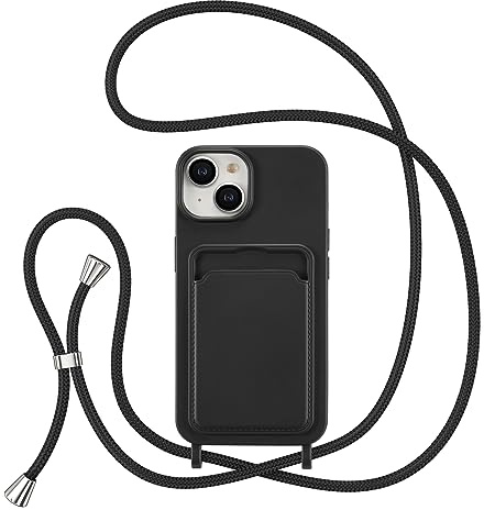 ZTOFERA Mobiltelefonkedja fodral för iPhone 15 med korthållare, flytande silikon mobiltelefonfodral med halsband, skyddsfodral med band snöre för upphängning, halsband för 15, svart