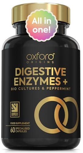 Oxford Origins 10-in-1 Digestive Enzyme Supplements | Made in The UK | Probiotics & Peppermint Oil for Gut Health, Bloating Relief and Belly Reduction | One Vegan Capsule per Meal | 60 Capsules
