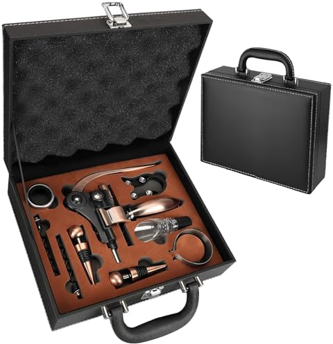 cailion Set di cavatappi da Vino con Scatola in Legno Antico, Set da Sommelier con cavatappi, Set di Accessori da Vino, Set di cavatappi con Testa di Coniglio, Anelli salvagoccia (PU Kiste1)