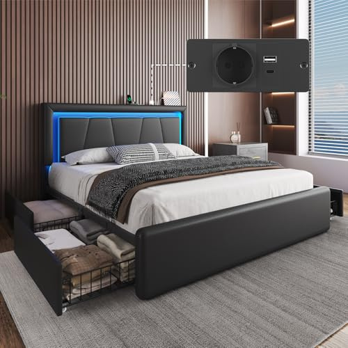 Full Size Bed Frame with 4 Storage Drawers and LED Lights, Upholstered Platform Bed with Adjustable Headboard and Charging Station, Metal Slats Support, No Box Spring Needed,Easy Assembly, Black
