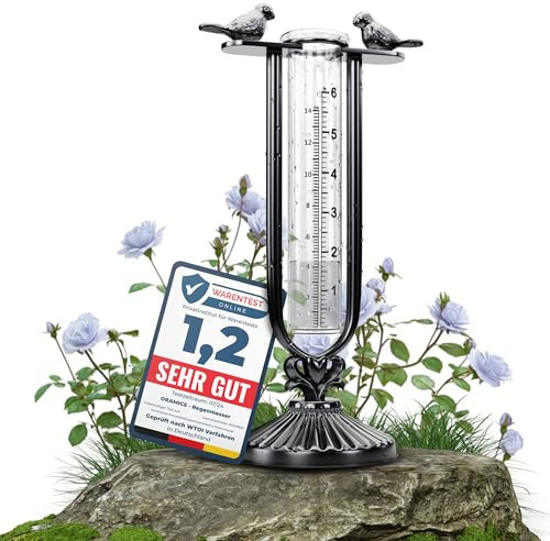Oramics dekorativer Regenmesser mit massivem Alu-Standfuß, Regenstandsmesser für Garten & Balkon, frostsicher & wetterfest, exakte Regenmessung mit Messzylinder für zuverlässige Niederschlagsmessung