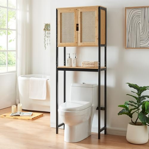 [en.casa] Toilettenregal Tervola Toilettenschrank Waschmaschinenschrank mit 2 Türen in Rattanoptik 172 x 63 x 27 cm Badregal Bambus Überbauschrank Schwarz und Naturfarben