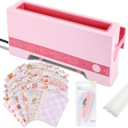 MotiMind Thermal Binding Machine Kit Includes 110v Cinch Binding Machine Double Sided Tape Dots 20 Glue Strips 50 Scrapbook Paper for DIY Journals Notebooks Photo Books Documents(Pink,Vivid)