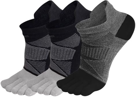 TRIWONDER Calzini 5 Dita Antiscivolo per Running Uomo Donna - 3 Coppie Calze Traspiranti con Dita Separate daper Palestra，Corsa, Trail, Fitness, Yoga (Grigio x 2 + Nero x 1, L)