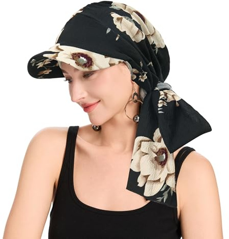 ZLYC Gorro para Mujer con Visera para quimioterapia, Beige Beige Flores Negro, Talla única
