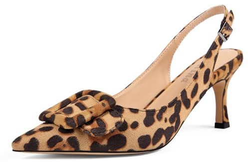 Womens Slingback Kitten Heels Closed Pointed Toe Sling Back Pumps Square Buckle Wedding Party Casual Dress Shoes, Leopard, 5.5 UK