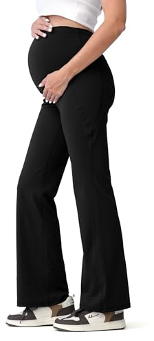 SUNNYBUY Leggings sportivi da donna per gravidanza, opachi, per donne incinte, taglio premaman sopra la pancia, leggings a vita alta con tasche, Nero , M petite