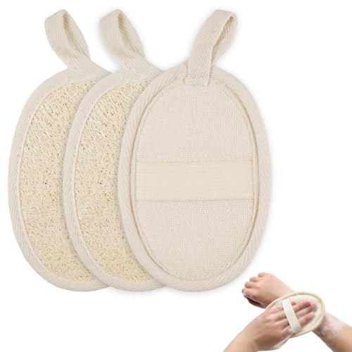 3 Piezas Lufa Natural Esponja Exfoliante Corporal, 12 × 8 cm Bath Loofahs Reutilizable, para Camping, Spa, Cocina, Baño, Limpieza Profunda del Cuerpo, para Hombres y Mujeres, Beige