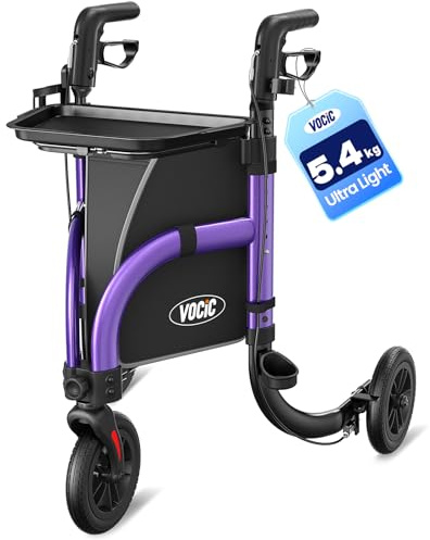 VOCIC Z25 Pro 3 Wheel Walker with Non-Slip Tray,Lightweight Rollator Walker | 5.4kg Aluminum Ultralight Rollator Walker for Seniors,20cm All Terrain Tires, Cane Holder & Cup Holder, Brakes,136kg,Purple