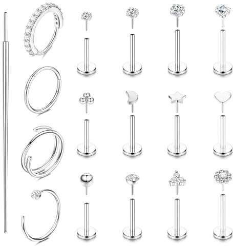 JSTHHTT 17 Pezzi Orecchini Donna Piercing Orecchio Trago ipoallergenici Piercing Naso Brillantino, Piercings Orecchio Cartilagine Helix Piercings Trago Conch Set Orecchini Anallergici 20G, Argento