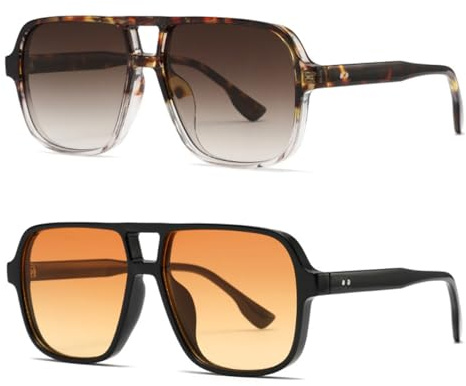HTTDSLF Retro 70s Gafas de Sol Cuadradas Mujer Hombre, 2 Piezas Vintage Gafas Clásicas con Doble Puente, Protección UV400, Retro Gafa de Sol Piloto, Rectangular de Moda Mujeres Hombres Gafa