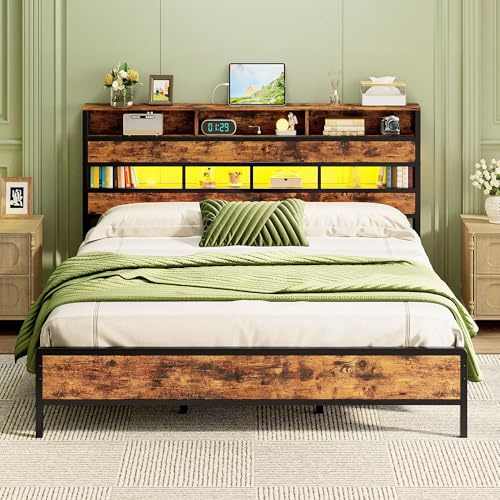 IRONCK Super King Bed Frame with Storage Headboard, 3-Tier Shelves | 180x200 cm, Ambient LED Lights, Charging Station ( 2 UK Sockets + USB-A & USB-C Ports), Underbed Space, 6ft Metal Bed Bedroom