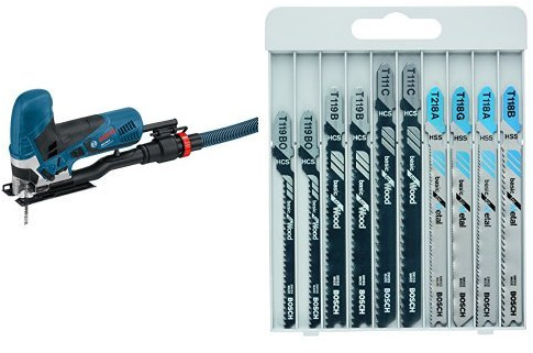 Bosch Professional GST 90 E - Sierra de calar (650 W, 500 - 3100 cpm, profundidad de corte 90 mm, en maletín) + Hojas de sierra de calar básica para metal y madera (juego de 10 unidades)