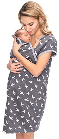 MijaCulture 3 en1 Camisón para el Parto Camisón de Maternidad & alimentación amamantamiento 4123 (38 EU/M, Grafito/pájaros)