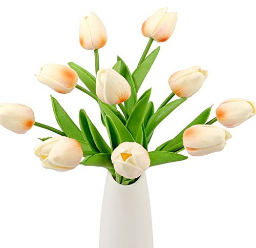 Aoleytech 10Pcs Artificial Tulip Flowers Real Touch Tulip Bouquet Fake Silk Tulips Plastic Flowers for Home Garden Wedding Party Window Sill Ornaments Table Indoor Outdoor Decoration (Champagne)