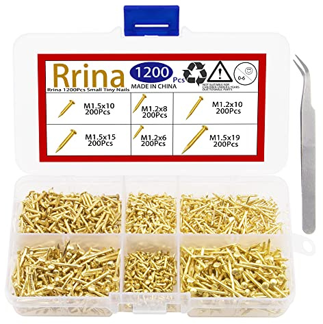 Rrina 1200Pcs Small Tiny Nails Carbon Steel Brass Plated for Wooden DIY Micro Mini Nails M1.2/1.5 Assortment Kit 6 Sizes