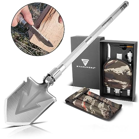 STAHLWERK Multitool/Outil multifonctions/Kit de survie en plein air avec bêche, couteau multifonctions, scie, marteau d'urgence et sifflet avec briquet