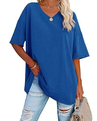 Ebifin T-shirt surdimensionné pour femme avec col en V, manches courtes, décontracté, basique, pour l'été
